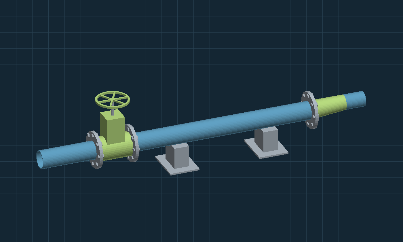 Suction piping CAD study showing valve, flanges, supports and reducer