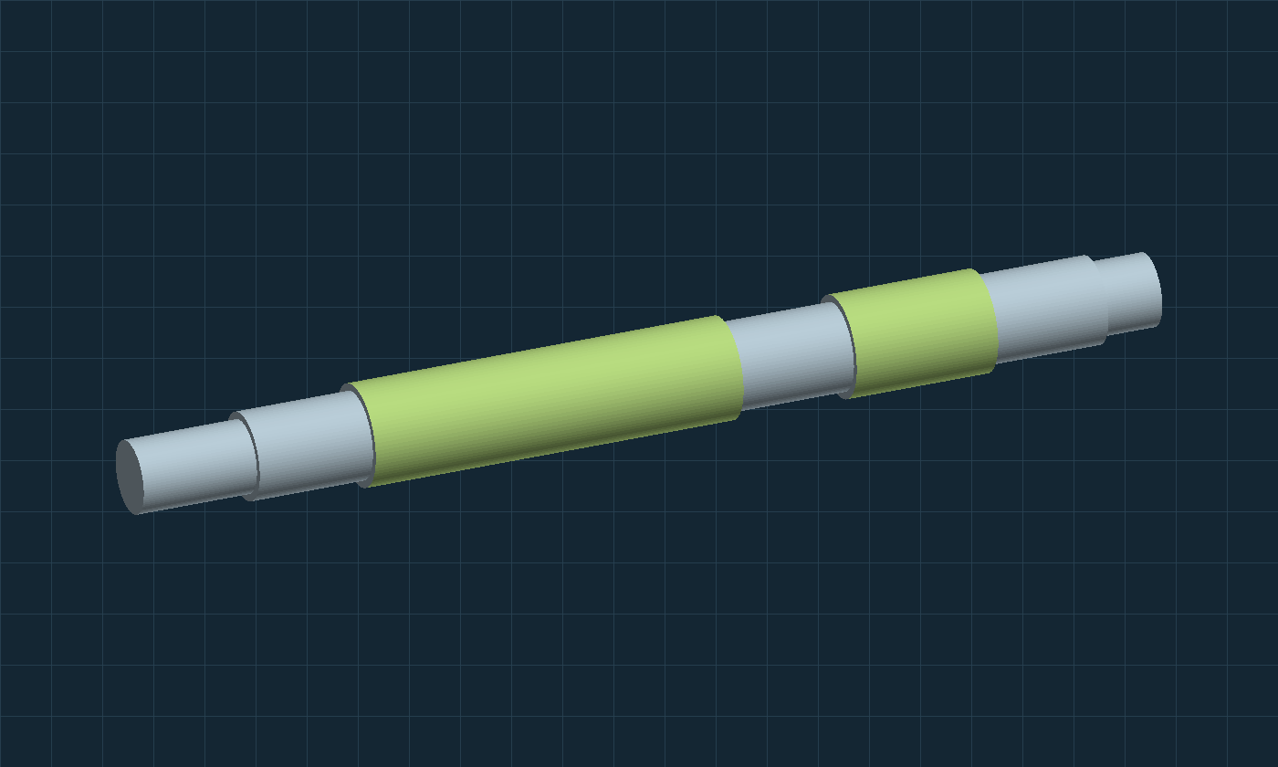 Stepped shaft CAD study with reinforced spans highlighted
